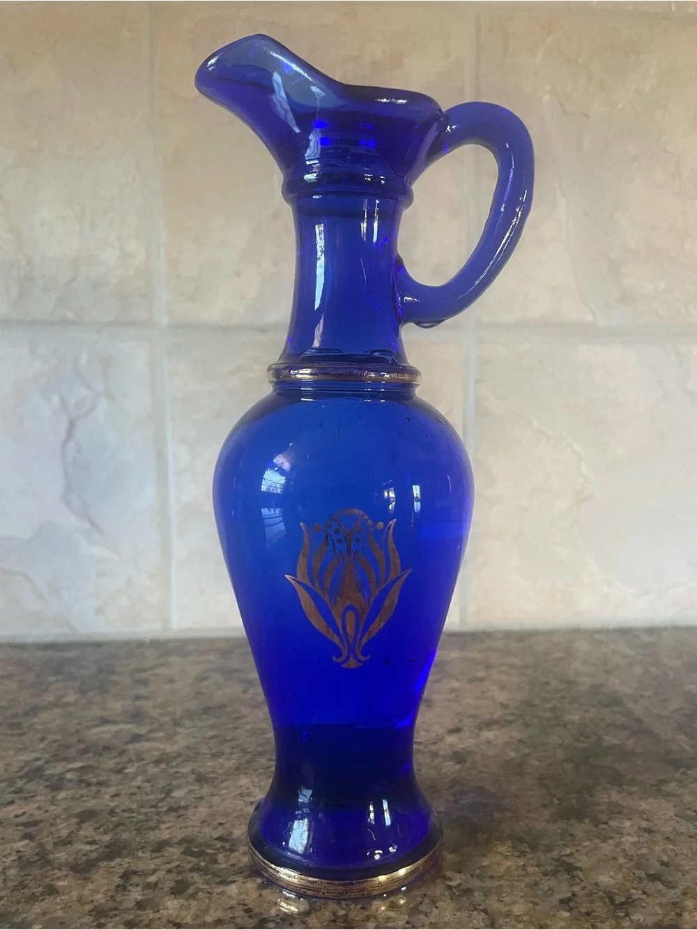 Cobalt Blue Glass Vase with Gold Floral Motif